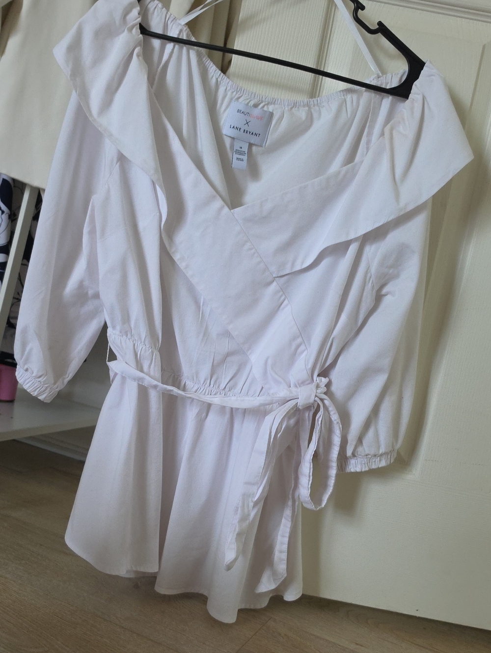 Lane Bryant White Faux Wrap Peplum Blouse with Tie Waist